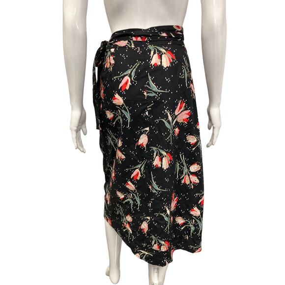 REBECCA TAYLOR Black Multi Cotton Floral Tulip Printed Ikat Wrap Midi Skirt 10 - Picture 2 of 4